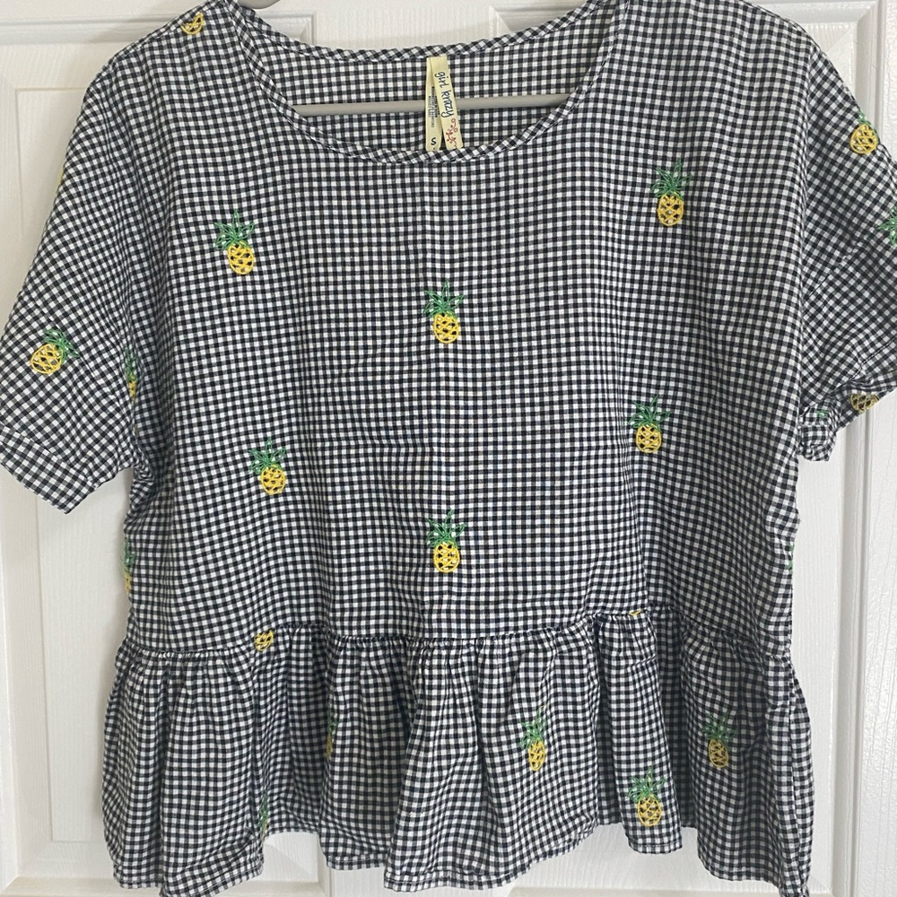 Girl Krazy Black and White Gingham Top with Pineapple Accents